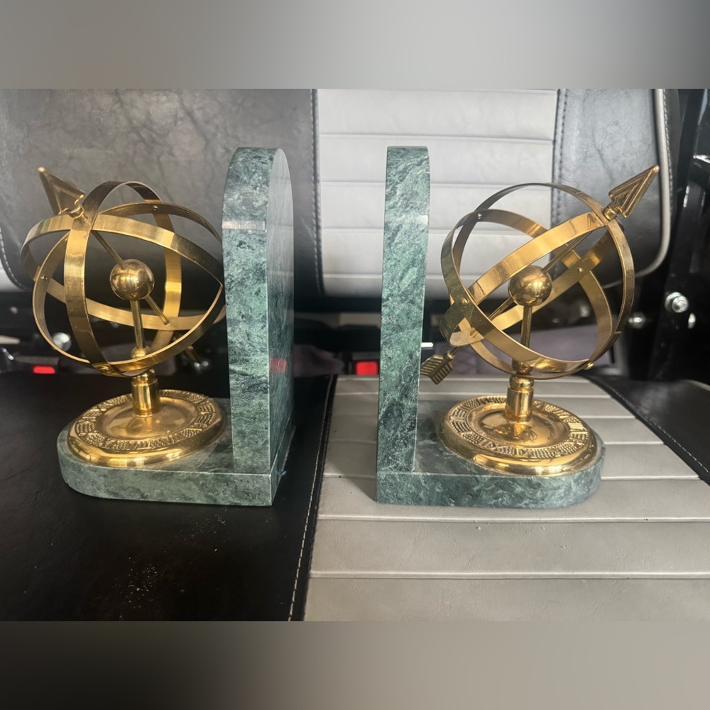 Brass and green marble Armillary Sphere Bookends- set of two